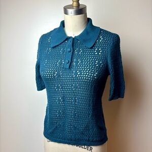 T Tahari Teal Fitted Crochet Polo Sweater